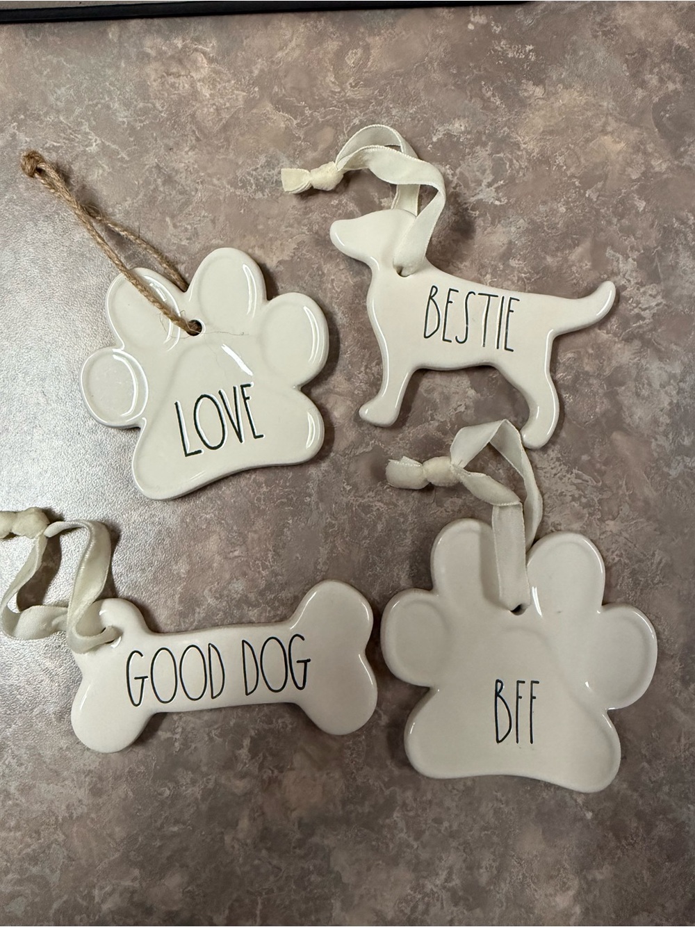 Rae Dunn Ceramic Dog Ornament Set - White Paw & Bone Pet Tags
